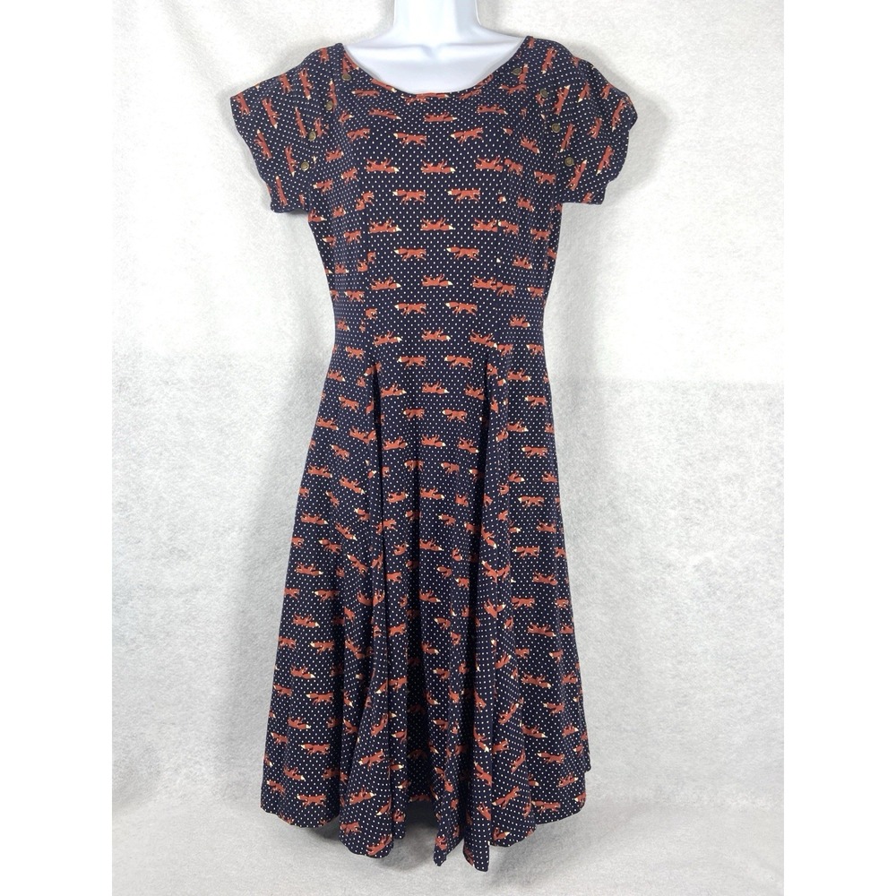 Effies Heart The Collete Dress Large Blue Red Fit & Flare Fox Prints Whimsy Boho